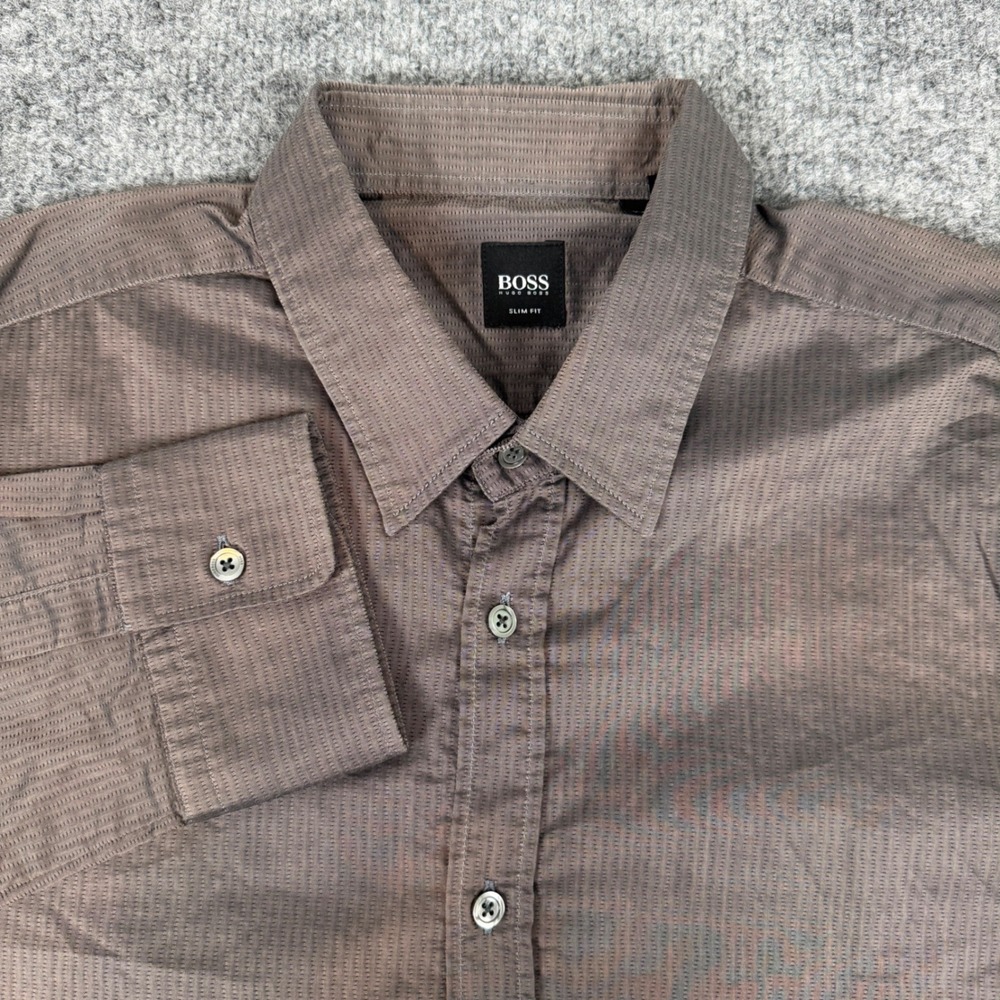 Hugo Boss Slim Fit Textured Button Down Shirt Mens XL Brown Made in Italy EUC